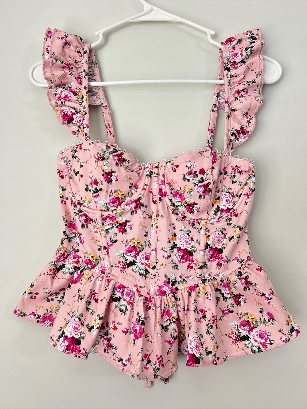 ASTR The Label Baylin Floral Top Women Pink Rose Ruffled Corset Zipper Blouse S